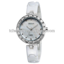 Lady's White Ceramic Watch With CZ Stones And Shell Dial